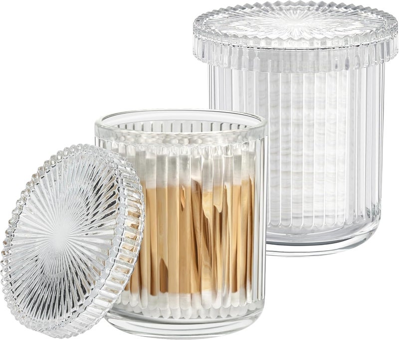MKOSAB 2 Pack Glass Qtip Holder Dispenser - Bathroom Organizers and Storage, Clear Apothecary Jars Set, Bathroom Essentials Accessories Decor, Vanity Makeup Storage Organizer (Clear) - Image 1